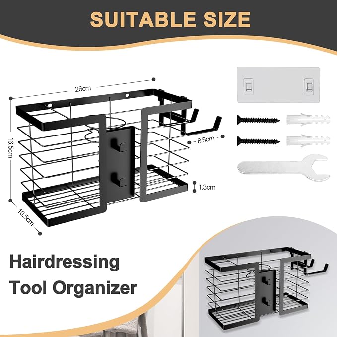 FUNKYLEE 3-in-1 Universal Hair Tool Organizer Wall Mount, Black - Image 6