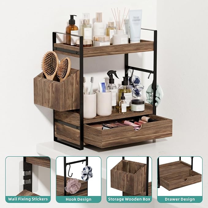 Kottwca 2-Tier Bathroom Counter Organizer with Drawer, Wooden Vanity Shelf - Image 4