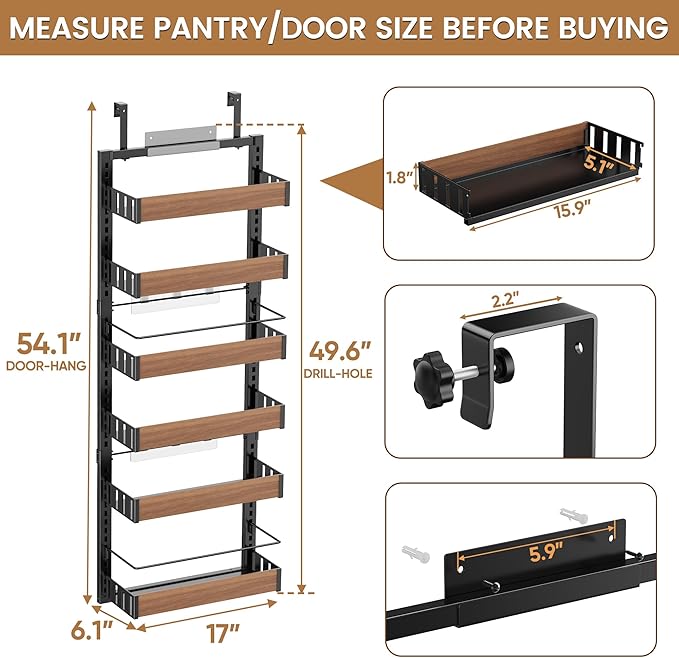 POKIPO 6 Tier Over The Door Pantry Organizer, 2-in-1 Door Hanging or Wall Mounted Spice Rack, Large Heavy Duty Pantry Door Storage Seasoning Shelves with Adjustable Basket for Kitchen Bathroom Closet - Image 7