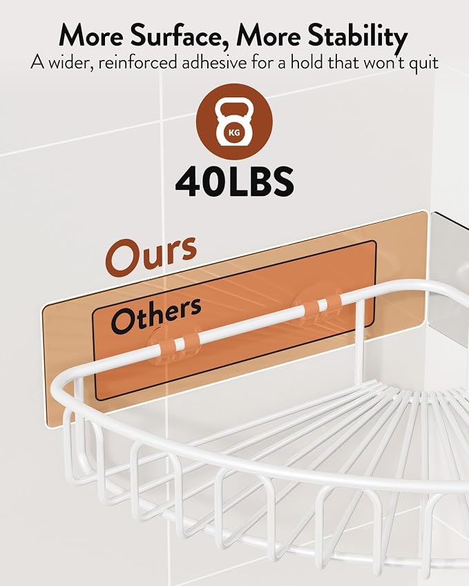 Orimade Corner Shower Caddy with 2 Hooks Wall Mounted Metal Bathroom Shelf Storage Organizer Adhesive No Drilling 2 Pack, White Only for 90-Degree Corner - Image 3