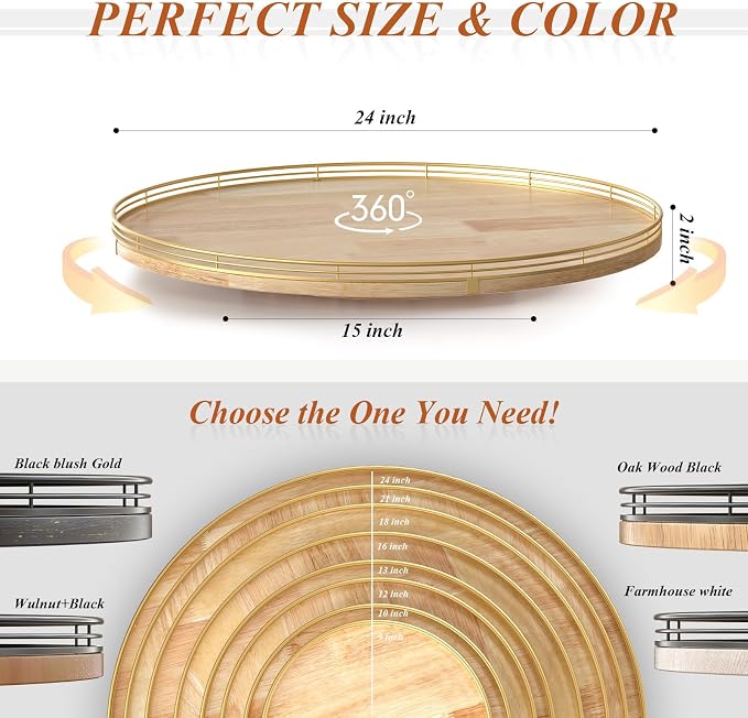 AMH 24-Inch Extra Large Lazy Susan with Solid Oak Base and Black Iron Rail - Image 6