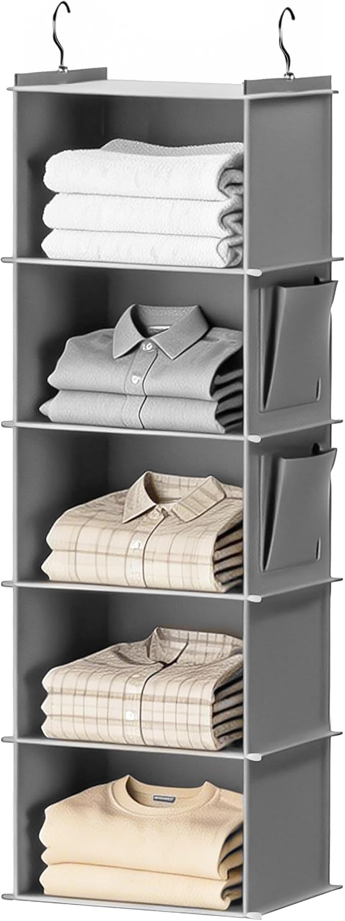 Foldable Hanging Closet Organizer, 5-Shelf Hanging Shelves with Side Pockets, Space Saving Storage for Clothes and Accessories by Aimkeoulee