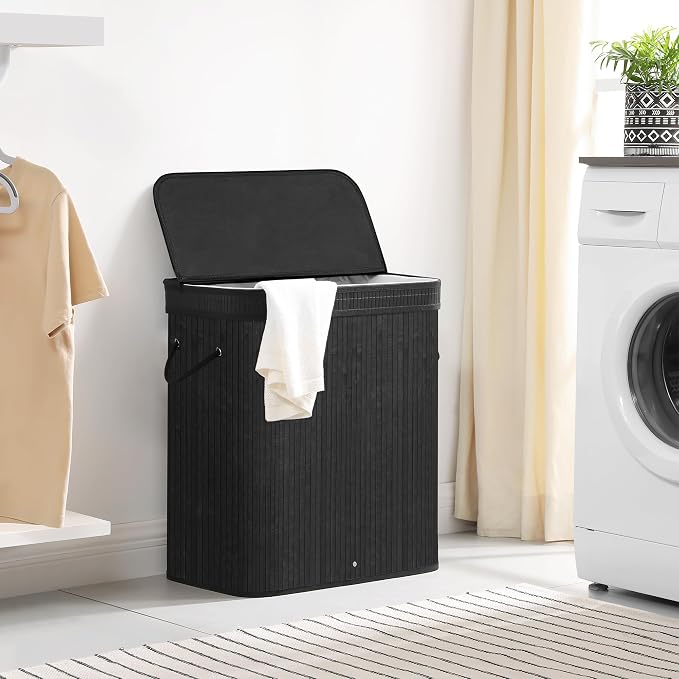 SONGMICS Laundry Hamper with Lid, Bamboo Laundry Basket, Removable Machine Washable Laundry Basket, with Handles, 26.4-Gallons, for Laundry Room, Bedroom, Bathroom, Ink Black ULCB63H - Image 2