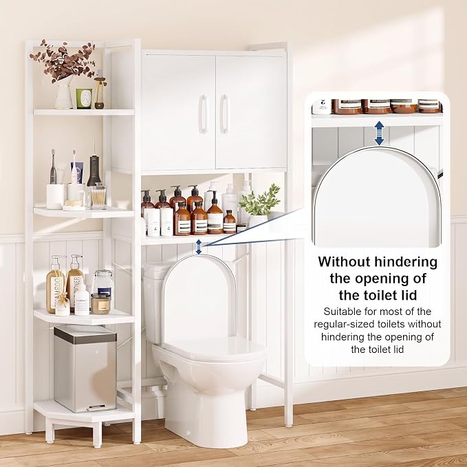 K2 Heavy Duty 7-Tier Over The Toilet Storage Cabinet（With Magnetic Doors & Adjustable Feet）Freestanding Above Toilet Shelf，Space Saver Bathroom Organizer 9.3"D x 31.5"W x 67.2"H，Beige White - Image 7