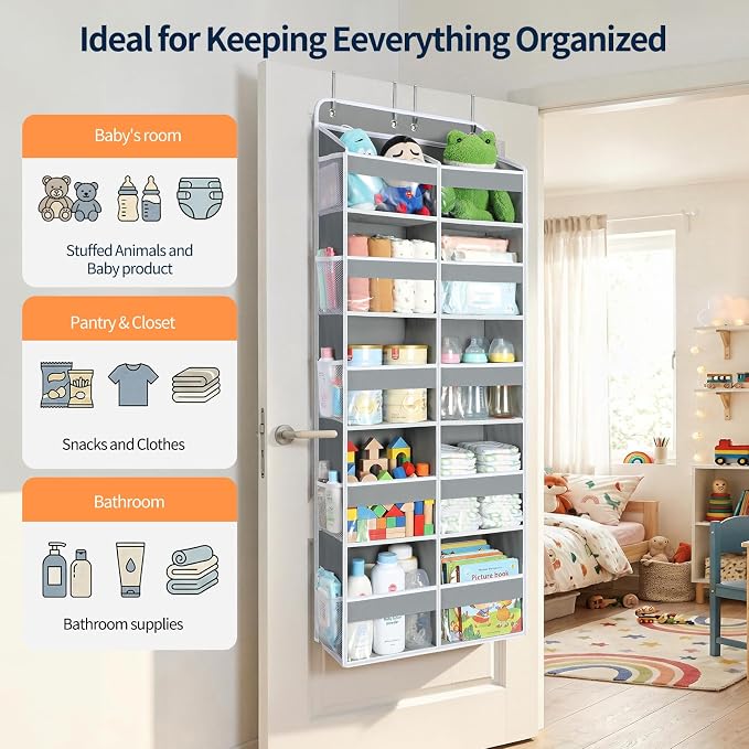 Yecaye Over The Door Organizer, 5 Tier Extra Large Behind Door Storage of 10 Compartments, 80lbs Heavy Duty Door Organizer Hanging with Clear Window for Closet Bedroom Pantry Bathroom, Grey - Image 6