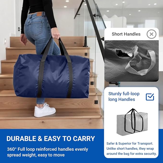 Extra Large Moving Bags, 4 Pack Blue Oversized Storage Totes with Strong Zipper & Reinforced Full Loop Handles, Collapsible Storage Bags for Space Saving, for King/Queen Comforter, Blankets & Clothes - Image 3