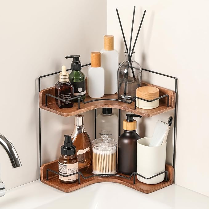 2-Tier Bathroom Counter Organizer, Wooden Corner Shelf for Vanity Countertop Skincare & Makeup, Storage and Organization for Kitchen by Unknown