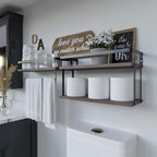 RICHER HOUSE 2+1 Tier Wall Mounted Floating Shelves Set of 2, Rustic Wood Shelf with Metal Frame, Extra Storage Rack for Bathroom, Kitchen, Bedroom with Tissue Rack & Towel Bar - Rustic Brown - Image 4