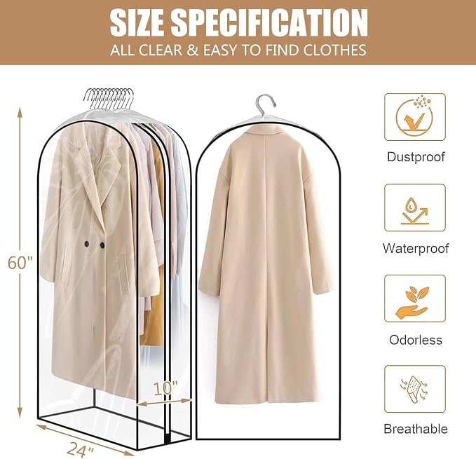 3 Pack 60" All Clear Garment Bags for Hanging Clothes Storage, 10" Gusseted Large Capacity Garment Rack Cover, Large Hanging Clothing Bag for Dress Gowns, Coats, Suit, Down Jacket - Image 3
