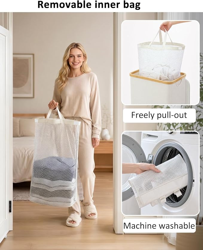 IEGrow Laundry Hamper with Lid,110L Laundry Basket with Mesh Bags,Beige - Image 5