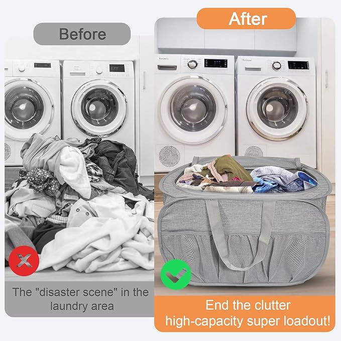 2 Pack Collapsible Laundry Baskets with Lid, Foldable Laundry Basket with Pockets, Pop Up Hamper with Dual Handles, 99L Sturdy Hampers for Clothes, Groceries, Supplies, Tools, Grey - Image 6