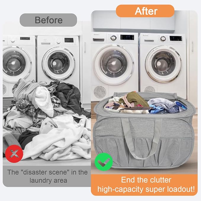 Collapsible Laundry Baskets with Lid, Foldable Laundry Basket with Pockets, Pop Up Laundry Hamper with Dual Handles, 99L Sturdy Hampers for Clothes, Groceries, Supplies, Tools, Grey - Image 6