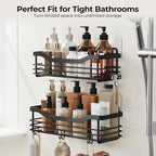 Orimade Adhesive Shower Caddy Shelf with 5 Hooks Organizer Storage Rack Rust Resistant Wall Mounted Stainless Steel No Drilling for Bathroom, Toilet, Kitchen - 2 Pack,Black - Image 9