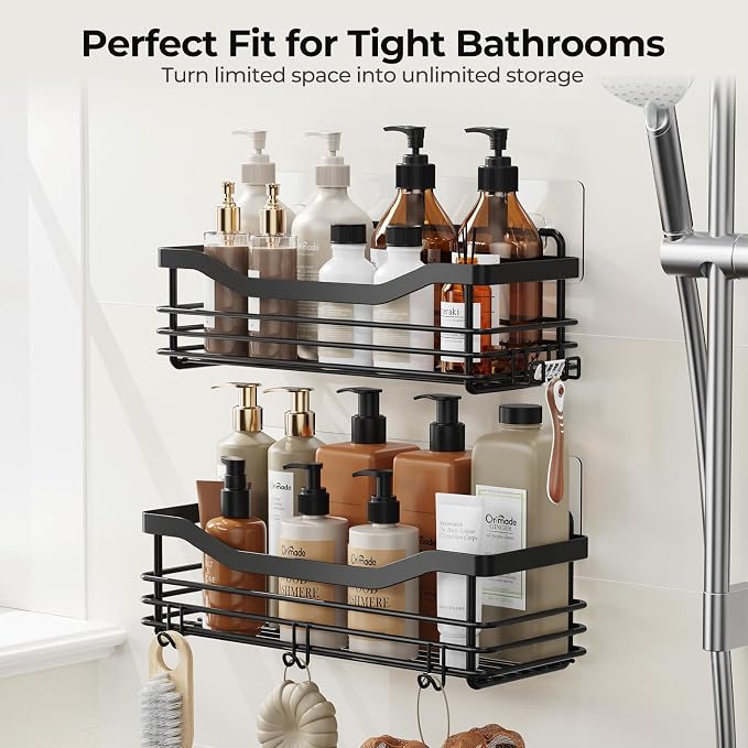 Orimade Adhesive Shower Caddy Shelf with 5 Hooks Organizer Storage Rack Rust Resistant Wall Mounted Stainless Steel No Drilling for Bathroom, Toilet, Kitchen - 2 Pack,Black - Image 9