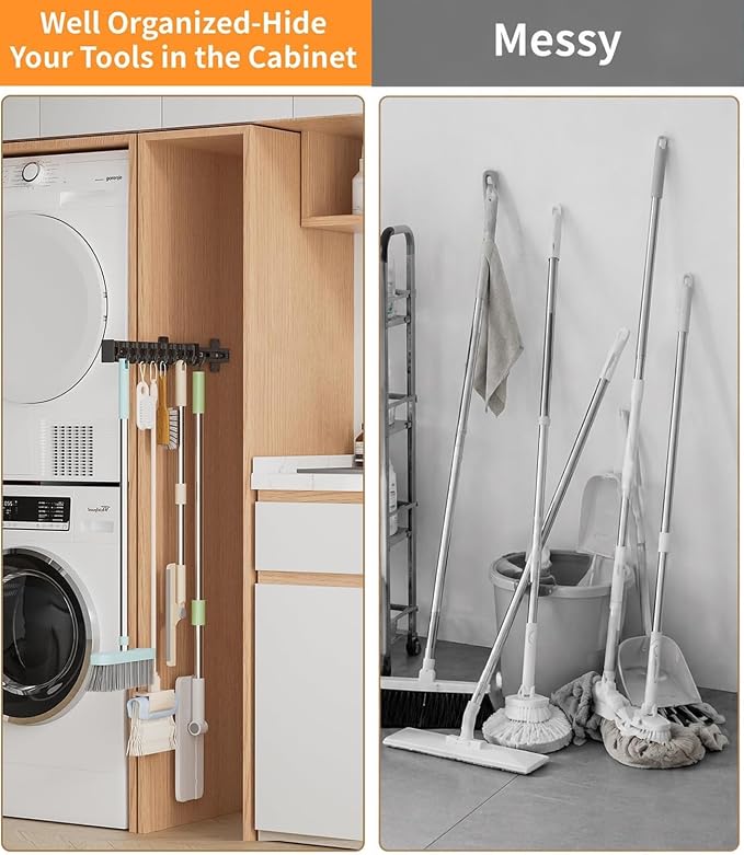 Pull Out Broom Holder 22" With 14 Adjustable Row Sliding Hooks, Multifunctional Slide Broom And Mop Storage/Organizer Garage Organization Hooks, for Closet Laundry Garage Kitchen - Image 3