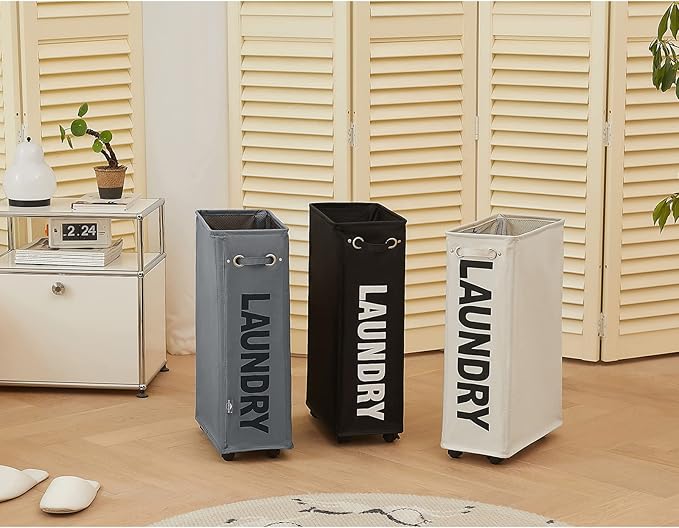 DOKEHOM 25" Slim Rolling Laundry Basket Hamper, Narrow on Wheels, Beige - Image 6