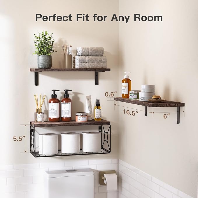 Amada Bathroom Shelves with Storage Basket, Set of 3, Rustic Brown - Image 3