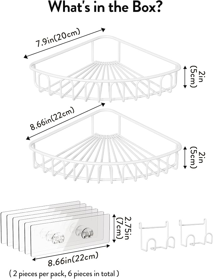 Orimade Corner Shower Caddy with 2 Hooks Wall Mounted Metal Bathroom Shelf Storage Organizer Adhesive No Drilling 2 Pack, White Only for 90-Degree Corner - Image 9