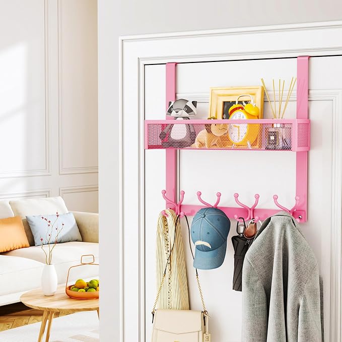 SWTYMIKI Over The Door Hook with 16 Hooks & Mesh Baskets - Heavy Duty Over The Door Organizer Hanger for Towels, Coats, Clothes - Space Saving Hanging Rack for Bathroom, Living Room, Pink - Image 2
