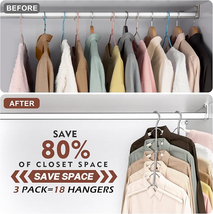 Space Saving Clothes Hangers,6 Tier Non Slip Shirt Hangers Closet Organizer | Space Saving Coat Hanger with Foam Padding,Closet Organizers and Storage for Shirts, Sweaters, Jackets,2 Pack,Beige - Image 6