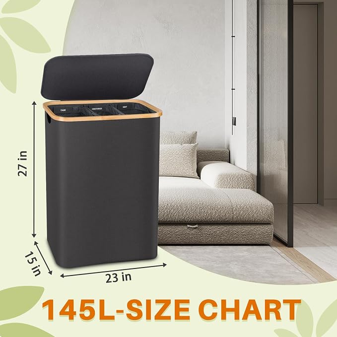 145L Laundry Hamper with Lid, 3 Section Laundry Basket with 3 Removable Bag - Image 2