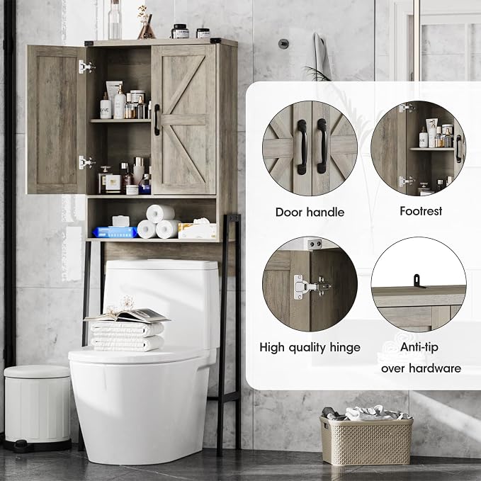 Vabches Over The Toilet Storage Cabinet with 2-Door Design Bathroom Organizers and Storage with Anti-Tip Device Over Toilet Organizer with Shelves for Bathroom,Restroom,Laundry Grey - Image 4
