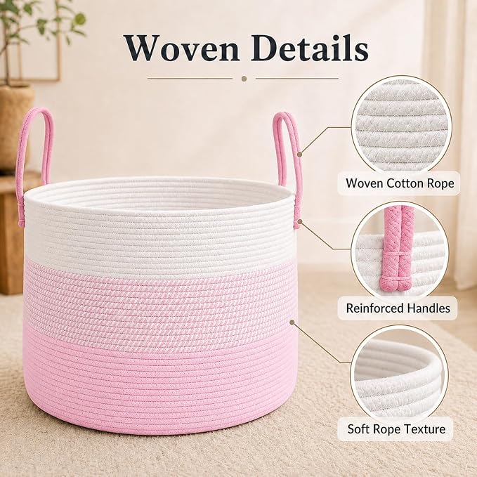 JMvicyroam 115L Extra Large Blanket Basket for Living Room - Woven Cotton Rope Laundry Hamper with Reinforced Handles - Storage Bin for Pillows, Comforters & Toys - Machine Washable,White&Pink Mix - Image 3