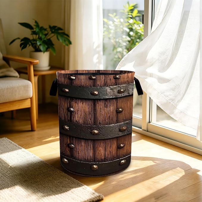 Wood Texture Print Laundry Basket Foldable Laundry Hamper With Handles Clothes Storage Bucket Organizer Laundry Bag For Bedroom Bathroom Laundry Storage 19.6 x 15.7 - Image 5