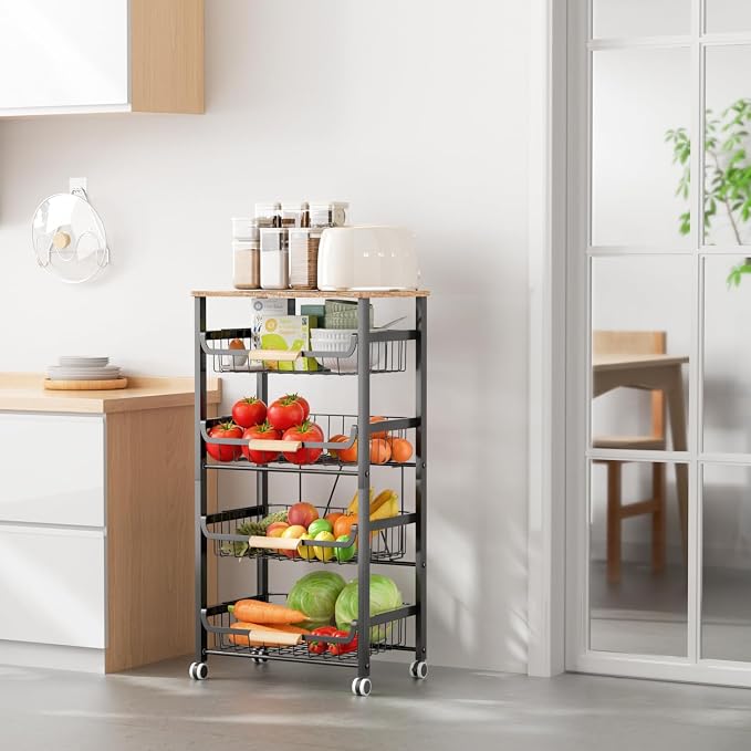 NiuYichee 5-Layer Fruit Basket Kitchen Food Organizer and Rack, Stackable Storage Cart with Desktop, Pull-Out Hollow Metal Basket, Wheeled Sorting Rack Spice Rack, Black - Image 2