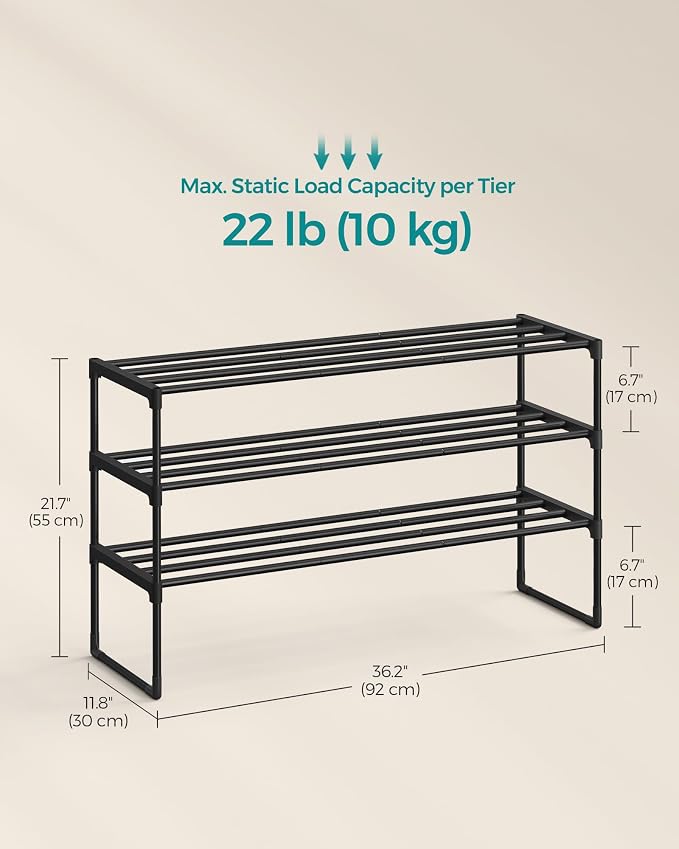 SONGMICS Shoe Rack, 3-Tier Shoe Organizer, Metal Storage Shelf | for Entryway, Upright or Upside Down, for 16-20 Pairs, Stackable, 11.8 x 36.2 x 21.7 Inches, Black ULSA303B02 - Image 3