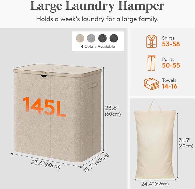 Lifewit 145L Large Laundry Basket with Lid, Laundry Hamper with Plastic Handles and Removable Bag, Foldable Tall Dirty Clothes Hampers for Laundry for Laundry Room, Bedroom, Bathroom, Dorm, Beige - Image 2