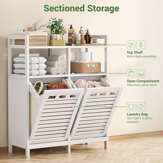 Homykic Tilt Out Laundry Hamper Cabinet, Bamboo Laundry Organizer, White - Image 6