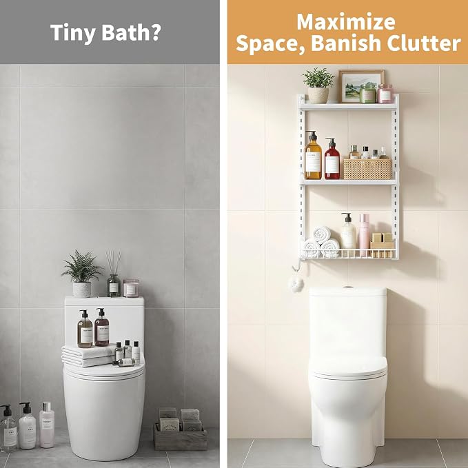 Kalrin 3 Tier Bathroom Shelves Over Toilet - Wall Mounted Floating Shelves with Drain Basket, Toilet Paper Storage, Height Adjustable Over The Toilet Storage, Pure White - Image 4