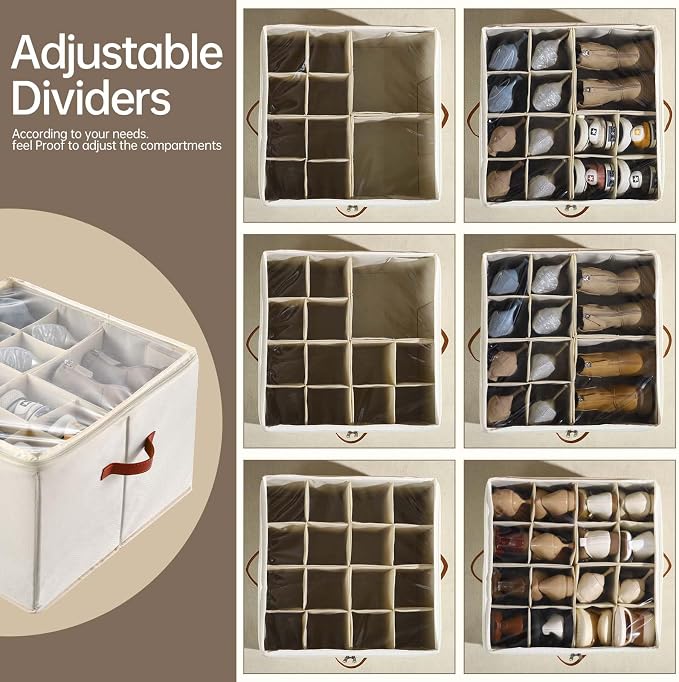 INSTY 2 Pack Shoe Organizer for Closet, Fits up to 32 Pairs, Adjustable Dividers for Shoe Storage, Fabric Shoe Storage Bins with Clear Cover, Beige - Image 3