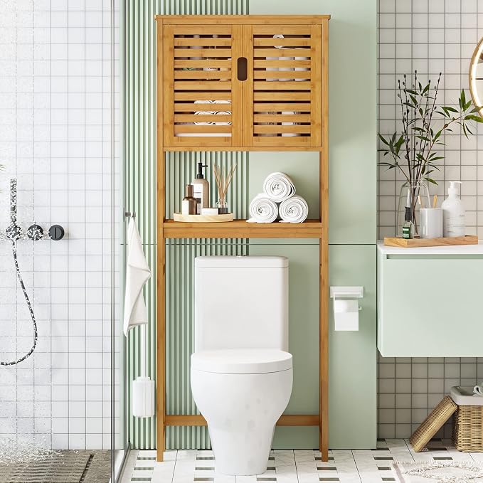 VIAGDO Over The Toilet Storage Cabinet, Tall Bathroom Cabinet Organizer with Cupboard and Adjustable Shelves, Freestanding Toilet Shelf Space Saver Rack Stand for Laundry Room, Balcony, Bamboo - Image 7