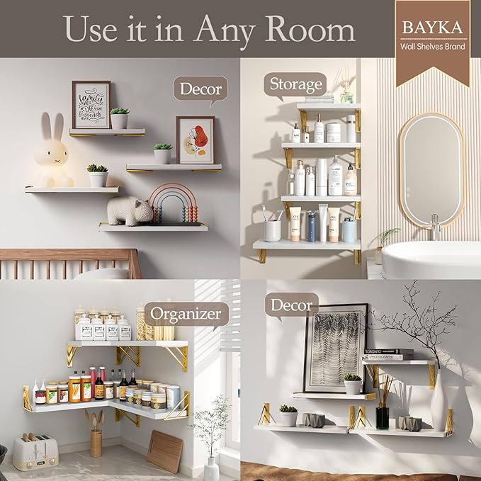 BAYKA Wall Shelves for Bedroom Decor, Wood, White and Gold, Set of 4, 16in - Image 3