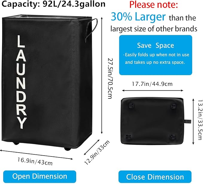 92L Extra Large Rolling Laundry Basket with Leather Handle,Tall Laundry Hamper on Wheels,Laundry Bin,Rolling Laundry Cart Black - Image 3