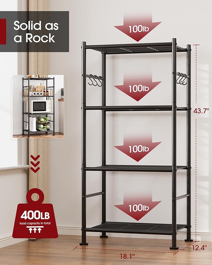 Sakugi Storage Shelves - 4-Tier Large Capacity Shelf Organizer with Hooks, Heavy-Duty Garage Shelving with Leveling Feet, Wobble-Free Rack for Bedroom, Balcony, Garage, 18.1"×12.4"×43.7", Black - Image 3