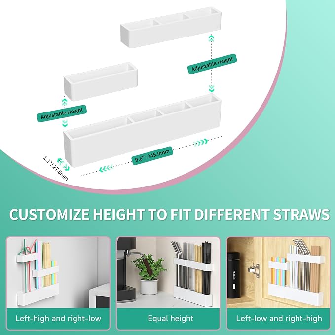 Acrylic Straw Organizer for Cabinet Door - 9.5'' Large White Adjustable 3-Part Reusable Drinking Straw Holder Dispenser Kitchen Accessories Container Cupboard Door Mounted - Image 5