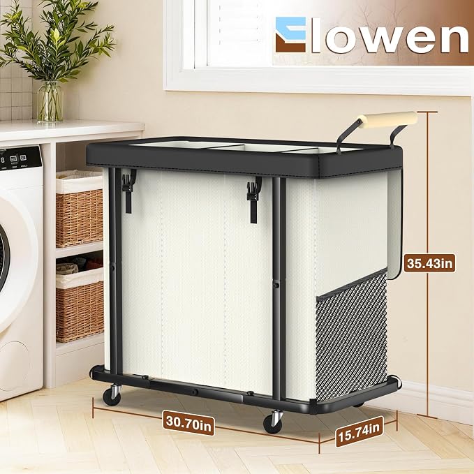 Rolling Laundry Hamper with Wheels,Laundry Hamper 3 Section with Lid Beige - Image 6