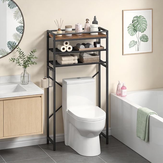 MAHANCRIS Over Toilet Storage, 3-Tier Bathroom Organizer Shelf with Toilet Paper Holder, Freestanding Space Saver Bathroom Shelves Above Toilet for Bathroom, Laundry Room, Rustic Brown TSHR1201 - Image 7
