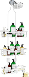 Adjustable Shower Caddy Hanging, Extended Length Organizer Over Shower Head, 3 Tier Long Neck Shower Rack with Soap Holder for Large Storage, White by Joqixon
