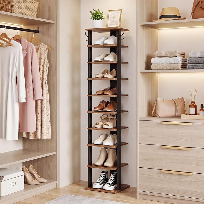 HOOBRO 10 Tiers Vertical Shoe Rack, Wooden Shoe Storage Organizer with Hooks, Narrow Shoe Tower for 10 Pairs, Space Saving, for Entryway, Living Room, Bedroom, Rustic Brown BF141XJ01 - Image 2