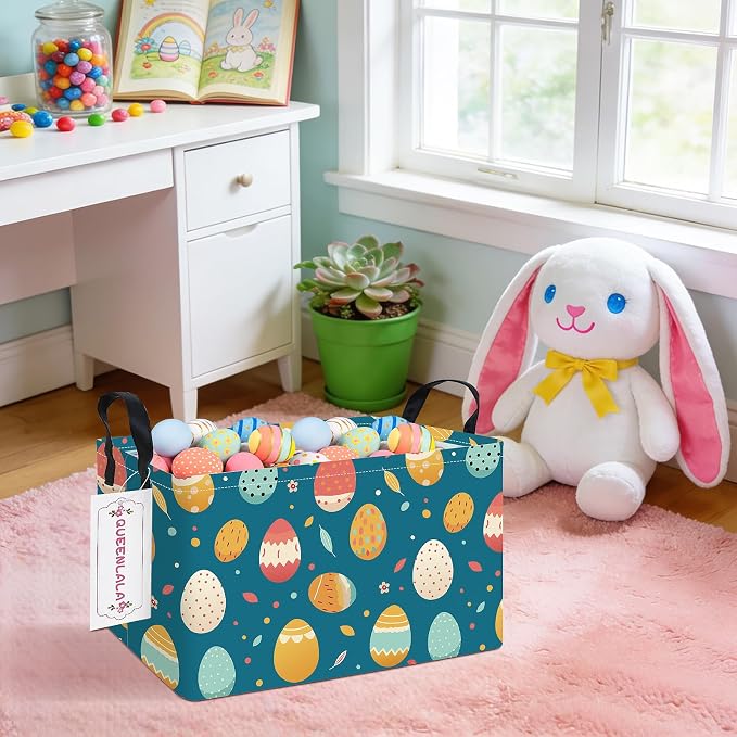 Rectangular Collapsible Laundry Basket with Side Handles, Blue Easter eggs - Image 4