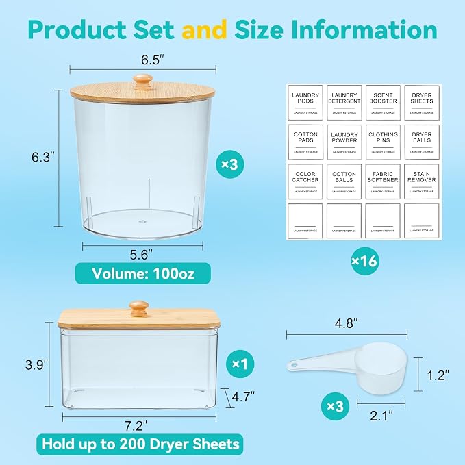 Laundry Pods Container & Dryer Sheet Holder, Laundry Room Organization and Storage Jars with Lids, Labels & Scoops for Powder Detergent Scent Booster - Image 2