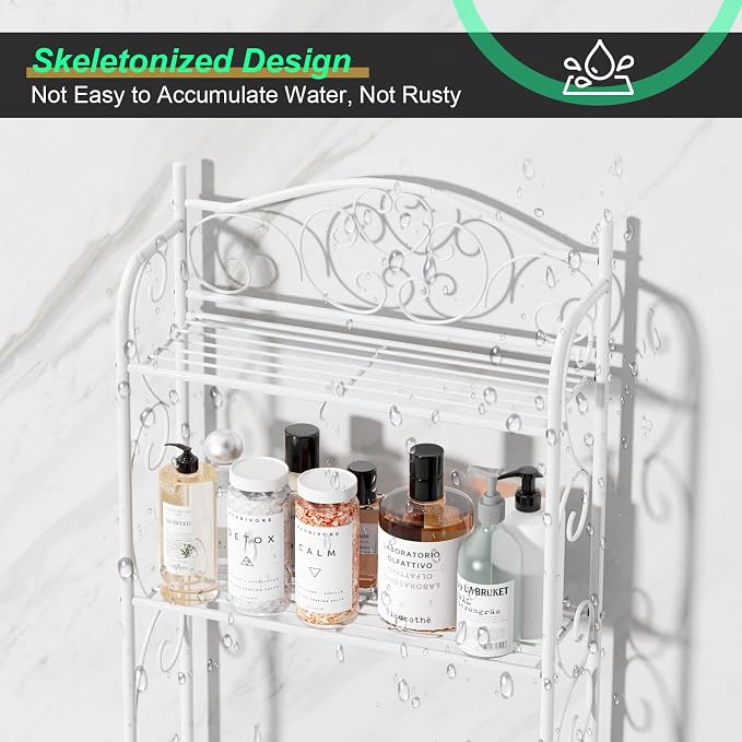 HOME BI Over The Toilet Storage Shelf, 3-Tier Over Toilet Bathroom Organizer Rack, Freestanding Space Saver Toilet Stands with Hooks (White) - Image 4