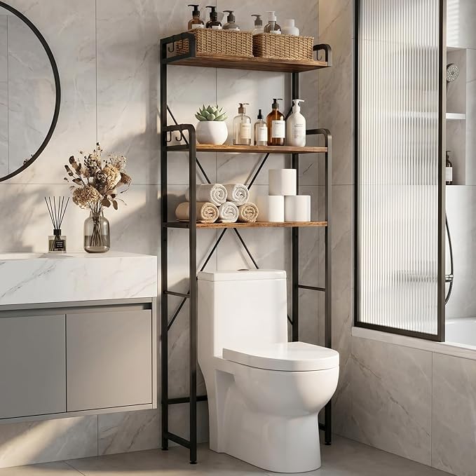 Over The Toilet Storage Cabinet, Freestanding Bathroom Shelf with Hooks by Katrawu