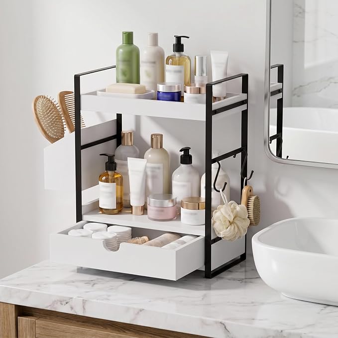 Kottwca 2-Tier Bathroom Counter Organizer with Drawer, Basket & Hooks, Wooden Vanity Shelf for Skincare, Perfume & Makeup Storage(White) - Image 2
