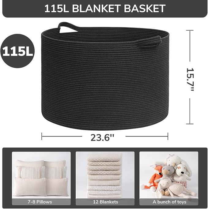 INDRESSME 115L Extra Large Woven Rope Blanket Basket Living Room, Black - Image 2