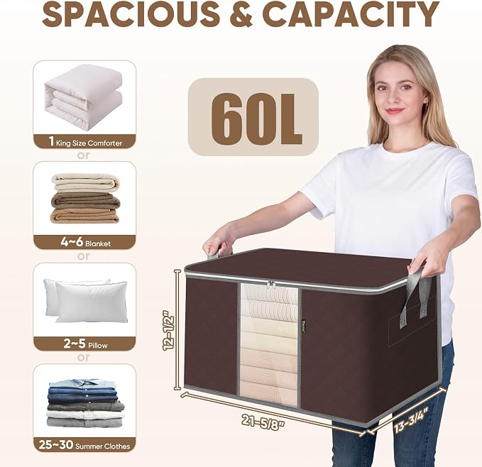 BALEINE 3 Pack Clothes Storage Bags, 16 Gallon Storage Containers with Reinforced Handle, Sturdy Zipper, Closet Organizer for Blanket, Comforter, Pillow, Bedding (Brown, 3 Pack) - Image 3